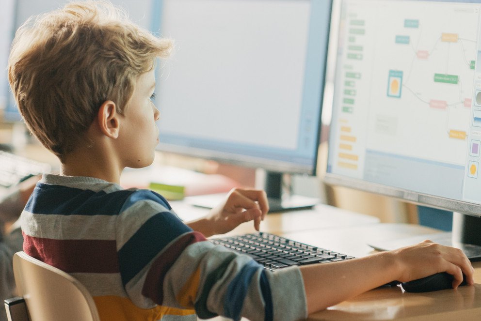 Grundsch&uuml;ler beim Programmieren am PC