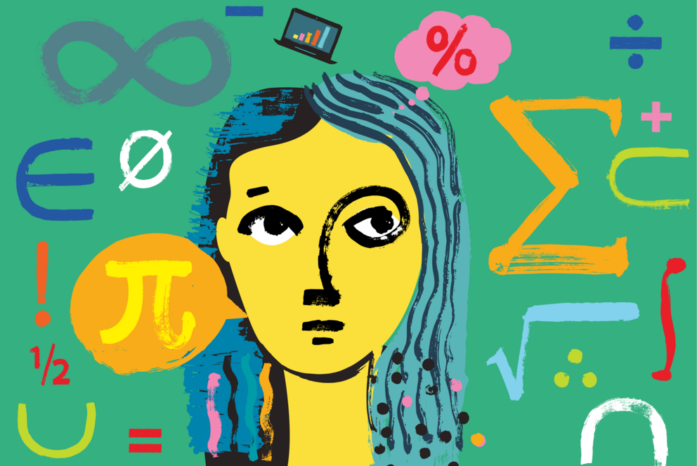 Frau mit mathematischen Symbolen vor einem mintfarbenem Hintergrund