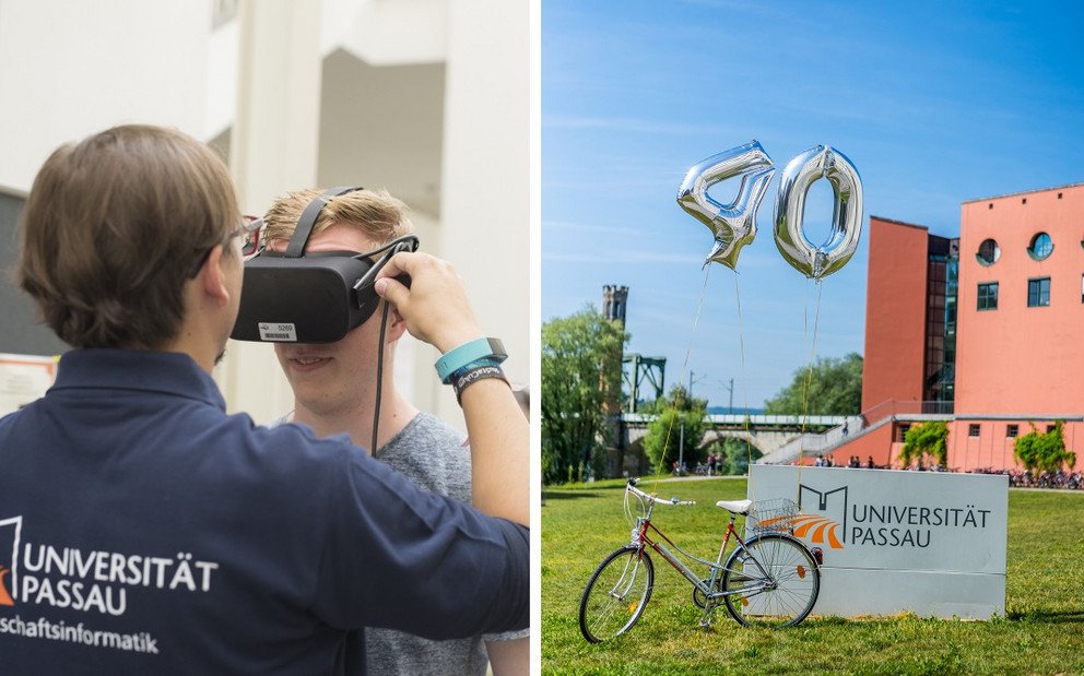 getrenntes Bild mit zwei Fotos. Foto einer Person, die einer anderen Person eine Virtaul-Reality-Brille aufsetzt. Foto eines Fahrrads auf der Wiese vor der Universit&auml;t Passau, an dem eine "40" als Gasballons befestigt ist.