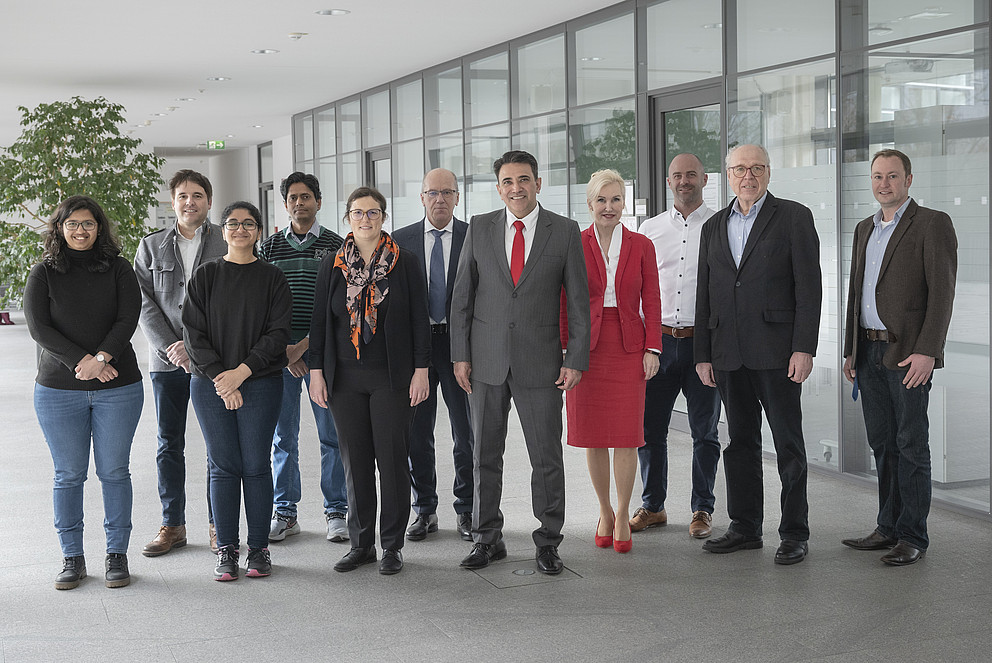 Indian Consul General Mohit Yadav (centre) during his visit to the University of Passau: (from left to right) Sanyukta Buwa, Prof. Tobias Kaiser, Bhargavi Krishna, Sathish Purushothaman, Head of International Support Services Luise Haack, Executive Adviser to the President Dr Rudolf Speth, Mohit Yadav, Vice President Prof. Christina Hansen, Prof. Stefan Bauernschuster, Prof. Hans Ziegler and International Coordinator Wolfgang Mages. Photo credit: University of Passau