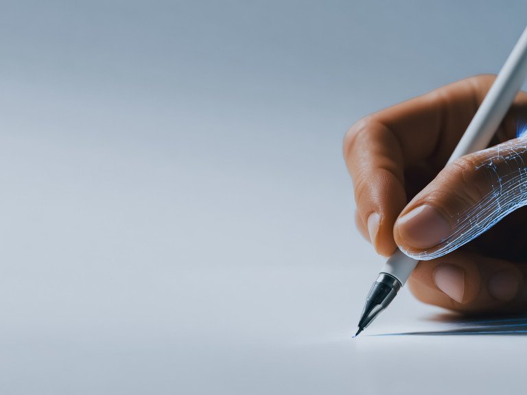 AI powered hand writing or drawing with a digital stylus, symbolizing machine learning, futuristic design, and creative innovation, with copy space.